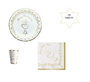 Kit 16 Ospiti Comunione Gold Metal  (16 Piatti,16 Bicchieri,20 Tovaglioli,) Festa Decorazione Coordinato Tavola