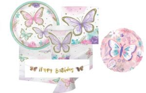 Kit 8 ospiti Butterfly Garden Farfalla con Pallone Foil e Festone Happy Birthday
