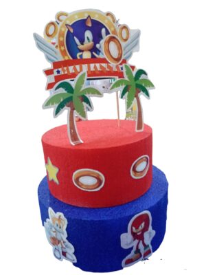 TORTA SCENOGRAFICA  TEMA SONIC CON TOPPER PERSONALIZZATO IN POLISTIROLO COLORATO 2 PIANI