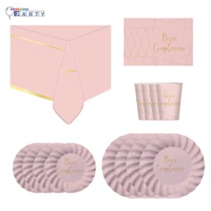 KIT 16 OSPITI COORDINATO TAVOLA   CON TOVAGLIA ROSE BUON COMPLEANNO  ( 32 piatti,16 bicchieri,40 tovaglioli 1 tovaglia)