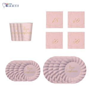 16 OSPITI COORDINATO TAVOLA  CON TOVAGLIOLI A SCELTA 18/30/40/50/60  ANNI BUON COMPLEANNO ROSE