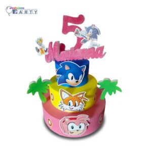 TORTA SCENOGRAFICA  TEMA SONIC CON TOPPER E  NUMERO PERSONALIZZATO IN POLISTIROLO COLORATO 3 PIANI