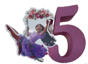 KIT  SAGOMA  IN POLISTIROLO ISABEL DI ENCANTO  CON NUMERO PEROSNALIZZATO ,PALLONE SAGOMA MIRABEL FESTONE HAPPY BIRTHDAY