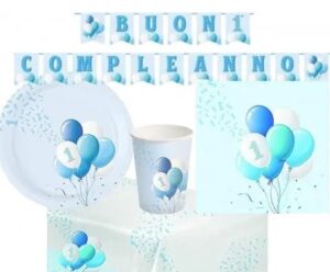KIT 24  OSPITI COORDINATO TAVOLA PRIMO COMPLEANNO PALLONCINO AZZURRO CON TOVAGLIA E FESTONE E PALLONE MYLAR