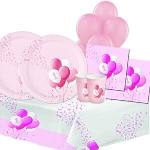 KIT 40 OSPITI COORDINATO TAVOLA PRIMO COMPLEANNO PALLONCINO ROSA CON TOVAGLIA E  PALLONE IN MYLAR