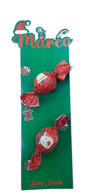 KIT  PRALITE IN  CIOCCOLATO A LATTE INCARTO NATALE SU CARTONCINO CON NOME PERSONALIZZATO GADGET DI FINE FESTA