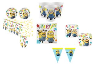 NEW KIT 16 OSPITI COORDINATO TAVOLA MINIONS CON TOVAGLIA, PALLONE FOIL FESTONE BANDIERINE