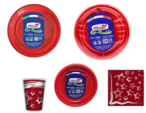 16 OSPITI PIATTI NATALE RED STAR STELLE ROSSE PLASTICA RICICLABILE 100% LAVABILI IN LAVASTOVIGLIE