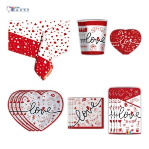 KIT 6 OSPITI COORDINATO TAVOLA LOVE SAN VALENTINO CON PORTAPOSATE SOTTOBICCHIERI TOVAGLIA E 10 PALLONCINI ASSORTITI