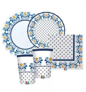 KIT 16 OSPITI COORDINATO TAVOLA CAPRI( 16 piatti dolce,16 piatti piani 16 bicchieri,20 tovaglioli)