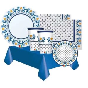 KIT 16 OSPITI COORDINATO TAVOLA CAPRI CON TOVAGLIA( 16 piatti dolce,16 piatti piani 16 bicchieri,20 tovaglioli, 1 tovaglia)