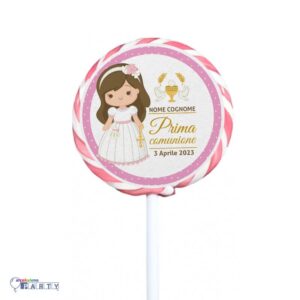 10 Lecca Lecca Comunione Girandola Colore Rosa gr 50 con bollino Personalizzato Nome e Data Evento