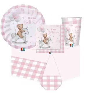 KIT 16 OSPITI COORDINATO TAVOLA  BATTESIMO TEDDY BEAR ROSA