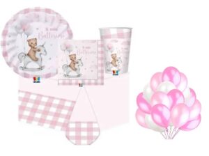 KIT 32 OSPITI COORDINATO TAVOLA  BATTESIMO TEDDY BEAR ROSA CON PALLONCINI COLORATI