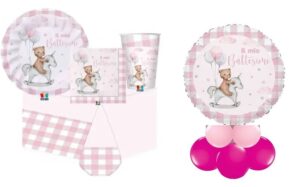 KIT 32 OSPITI COORDINATO TAVOLA  BATTESIMO TEDDY BEAR ROSA CON  CENTROTAVOLA PALLONE IN LATTICE MYLAR