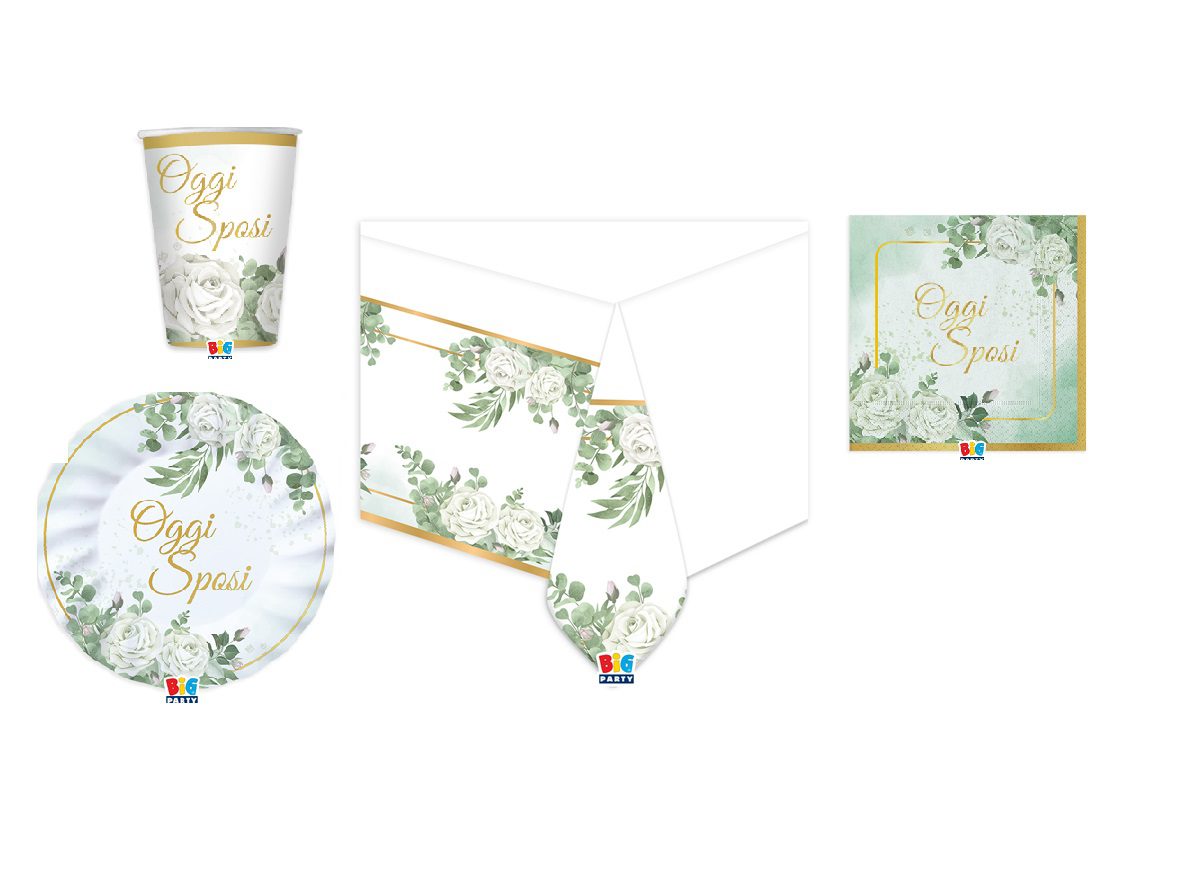 Kit 16 ospiti coordinato tavola Oggi Sposi Eucalipto con tovaglia