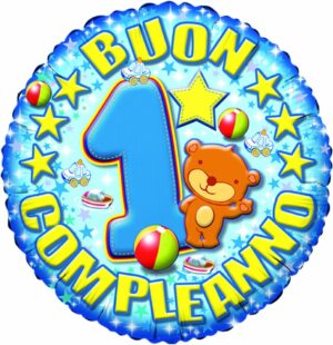 PALLONCINO MYLAR - FOIL "1° COMPLEANNO" CELESTE ORSETTO - 45cm