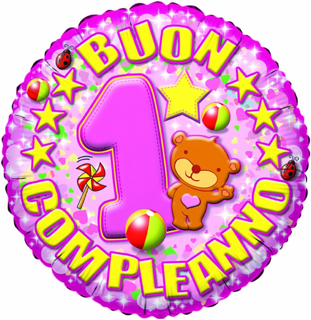 PALLONCINO MYLAR - FOIL "1° COMPLEANNO" ROSA ORSETTO - 45cm