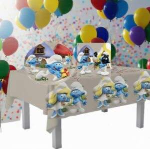 Puffi  Nuovo Coordinato Tavola 16 ospiti con tovaglia