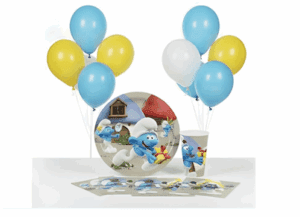 Puffi  Nuovo Coordinato Tavola 12 ospiti con Palloncini in Lattice