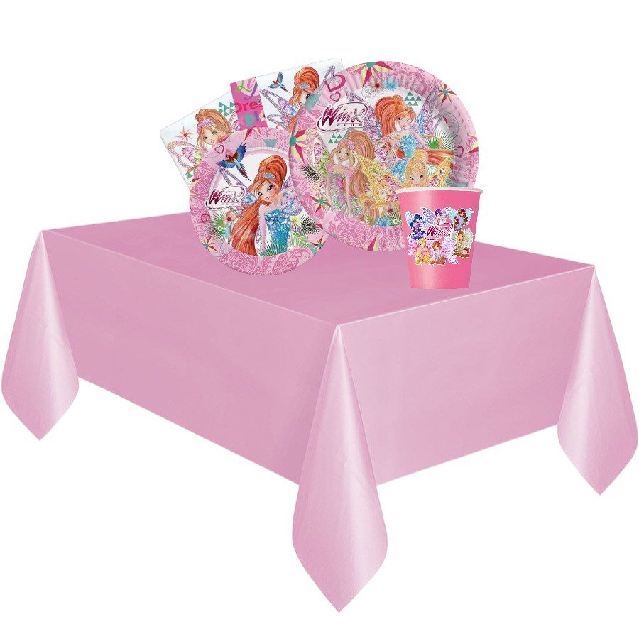 Winx Kit 16 Ospiti Coordinato TAVOLA con tovaglia e bicchieri decorati