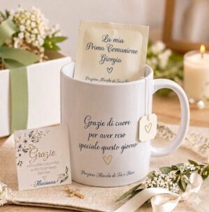 Bomboniera Prima Comunione Tazza  con Dedica e Tisana personalizzata con nome kit da pz 10